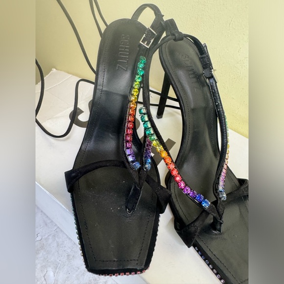 Schutz NEW Vikki Leather Strappy Crystals Ankle Ties Straps Heels Sandal Black 9 - Picture 11 of 16